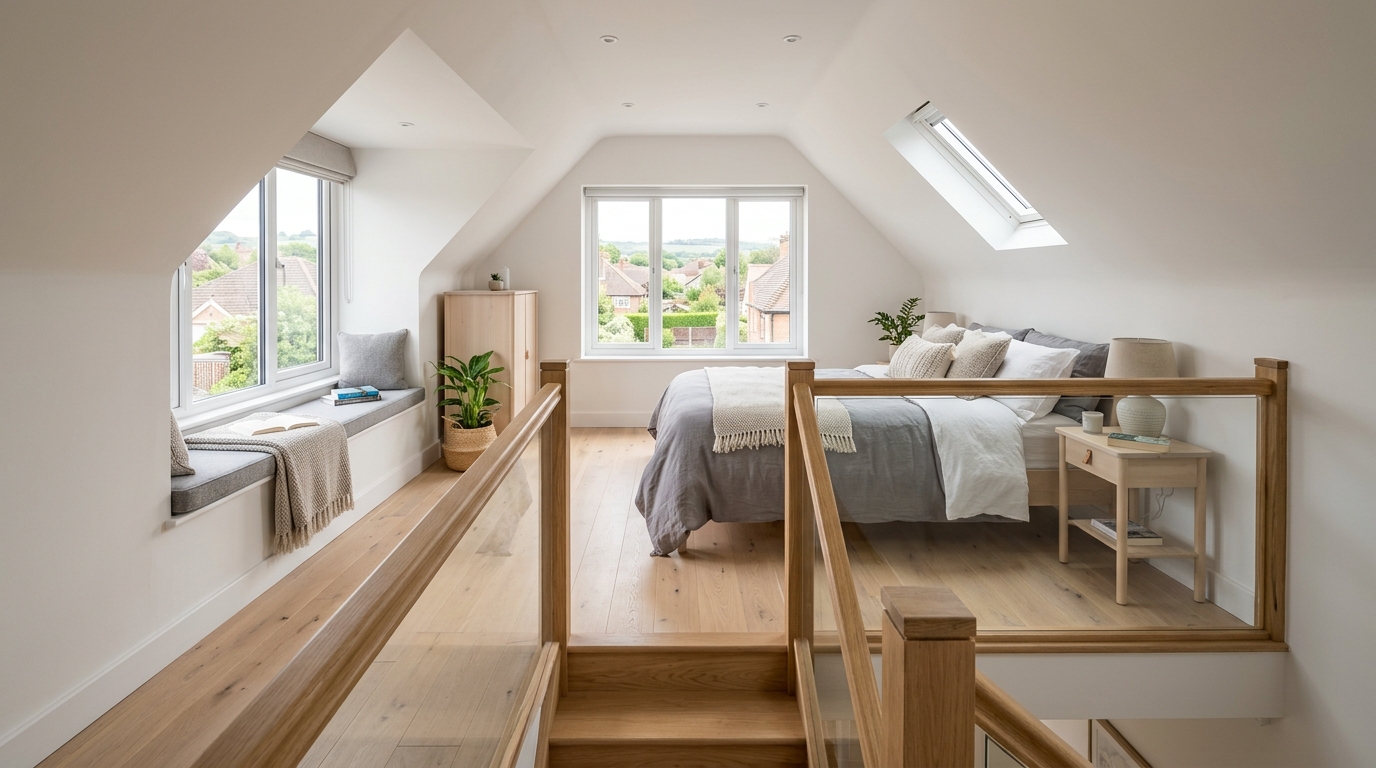 Finished loft bedroom after conversion: pale oak floors, white walls, dormer window seat