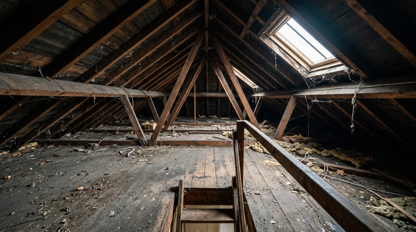 Unconverted loft before conversion: exposed joists, dusty, unused