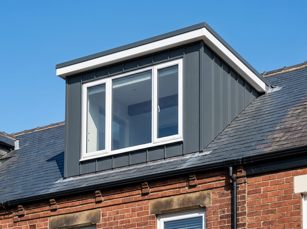 Modern grey dormer loft conversion on a Yorkshire red-brick terrace
