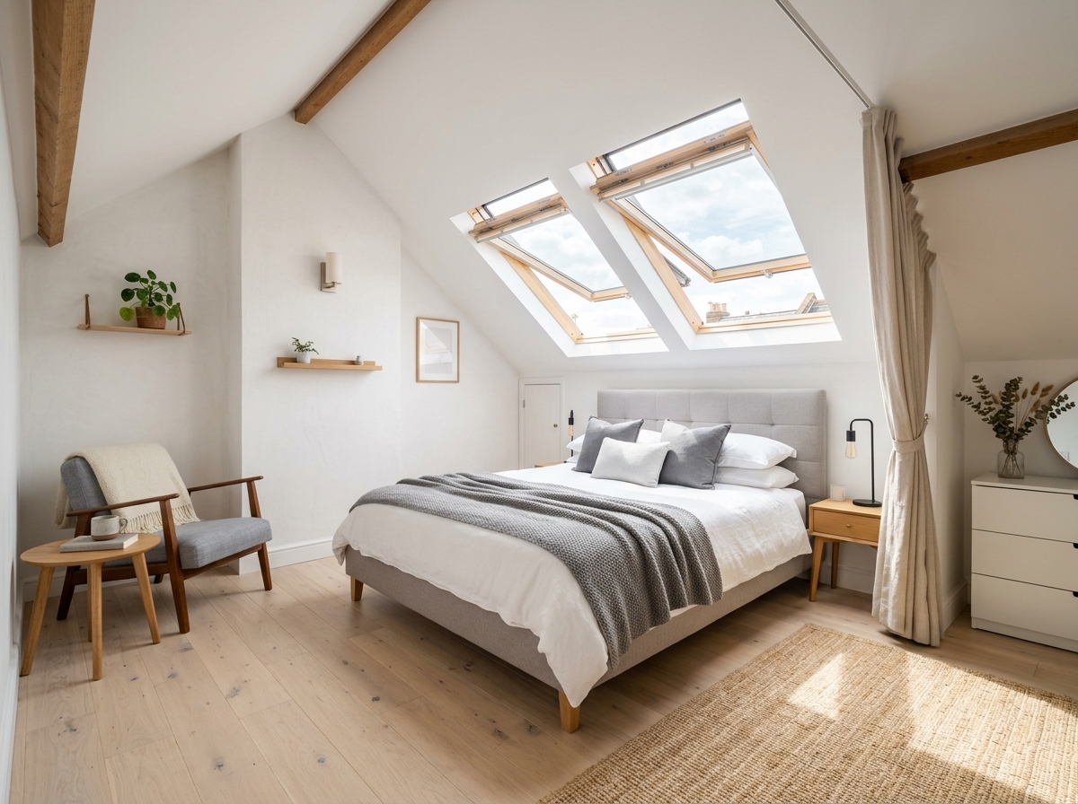 Bright loft conversion bedroom with Velux roof windows letting in daylight
