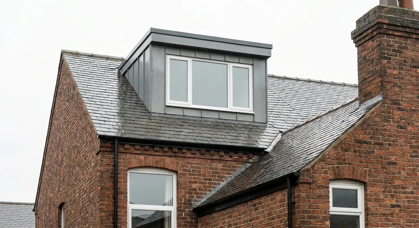Red-brick UK terraced house with a flat-roof box dormer loft conversion