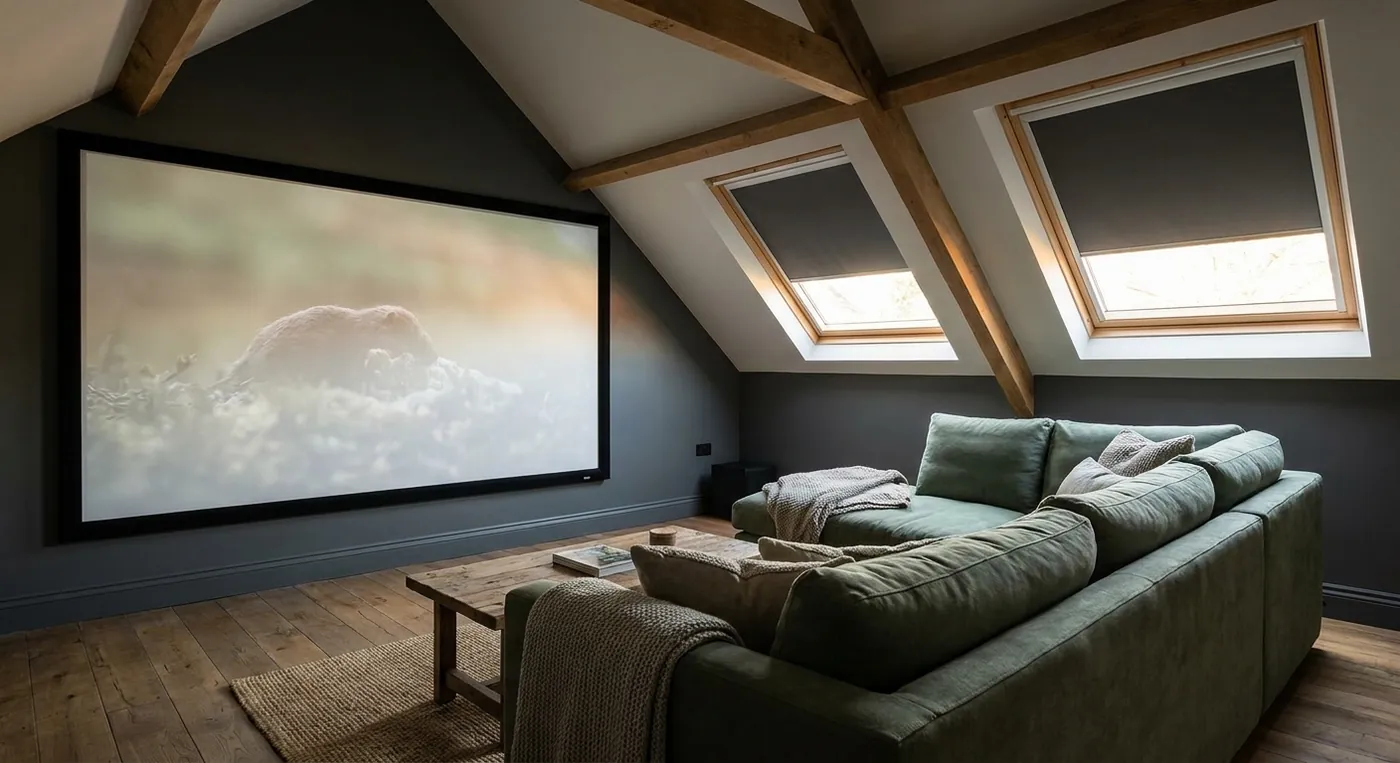 Loft cinema media room with a large screen and dark cosy finish