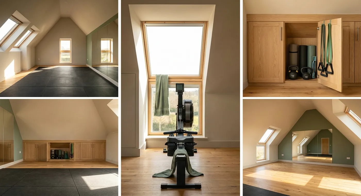 Loft home gym with rubber floor, mirror wall and natural daylight