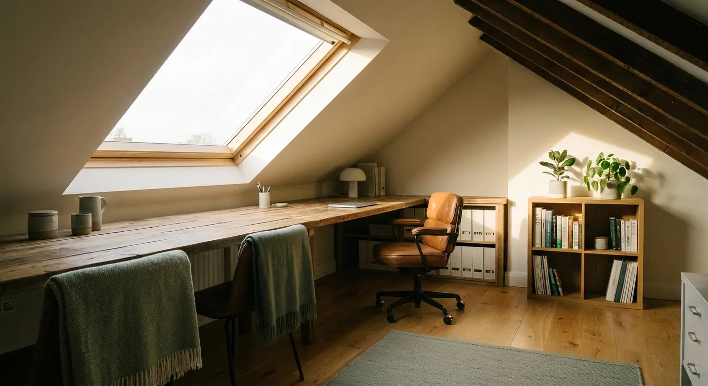 Loft home office with desk under a Velux window and oak floor