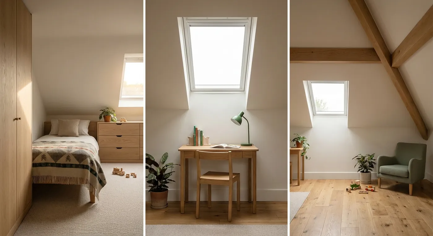 Children's loft bedroom with sloped ceiling and built-in storage