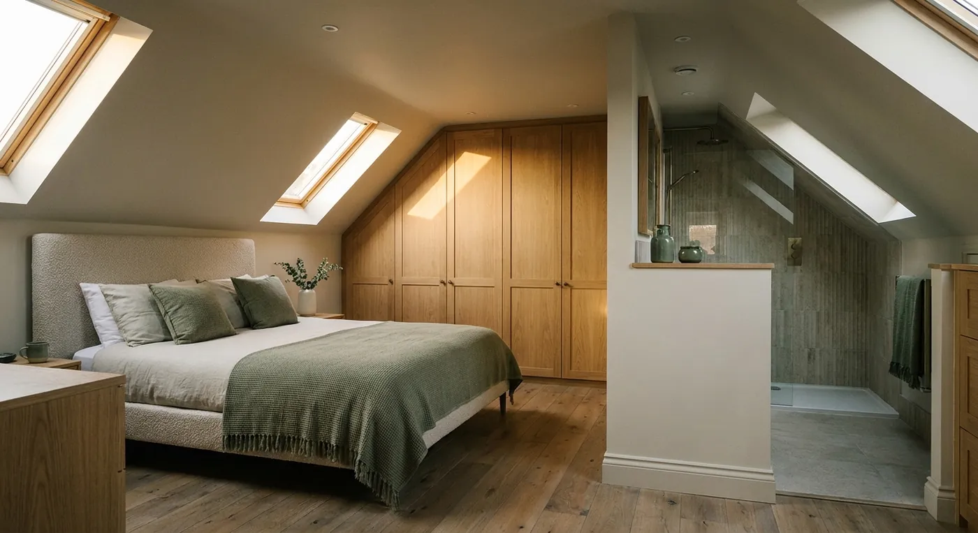 Loft master bedroom with en-suite under Velux windows