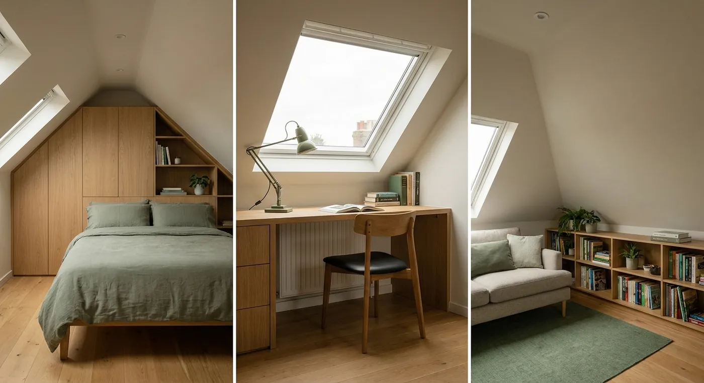 Teenage loft bedroom studio with desk, sofa and sloped ceiling