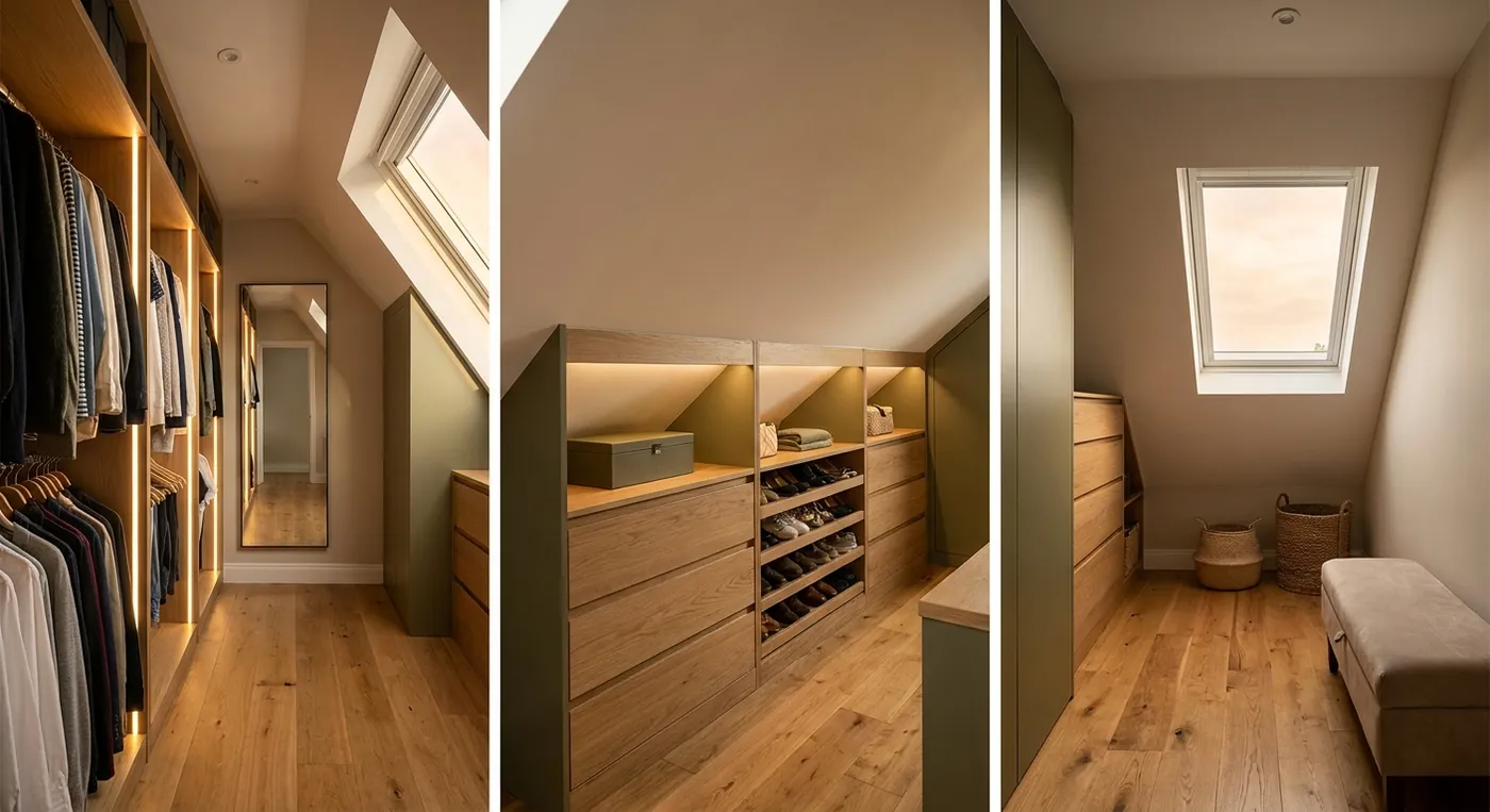 Loft walk-in wardrobe with fitted rails and drawers under sloped ceiling