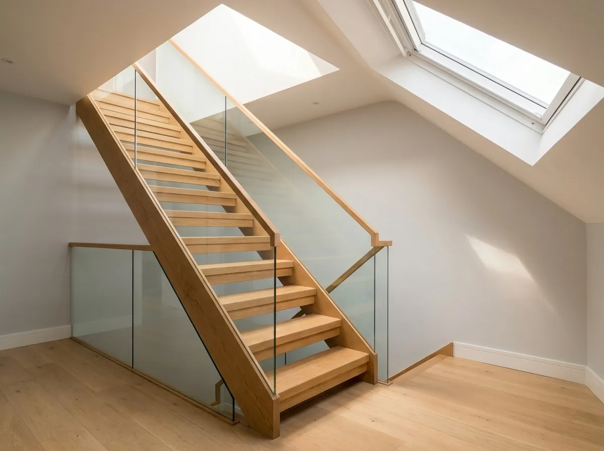 Oak open riser loft staircase with frameless glass balustrade in a bright landing