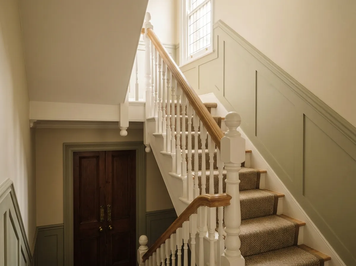 Painted softwood traditional loft staircase with white spindles and oak handrail