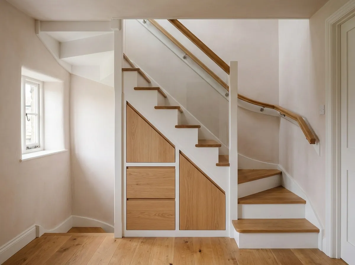 Compact space saver loft staircase fitted into a small landing with storage under the treads
